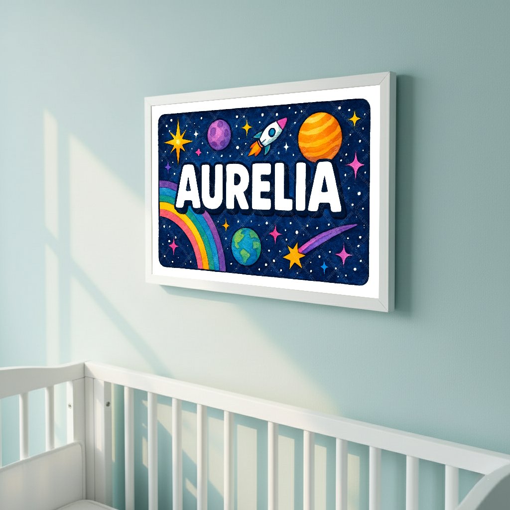 Personalized space nursery art for kids – Aurelia name print