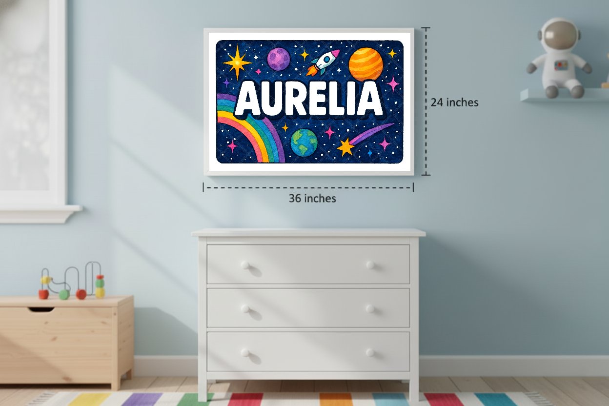 Personalized space nursery art for kids – Aurelia name print