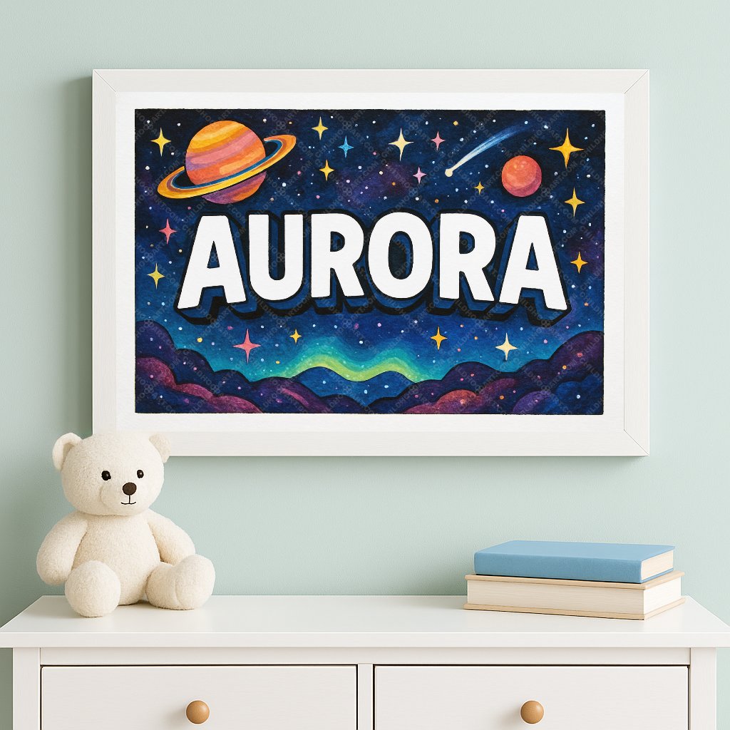 Personalized space nursery art for kids – Aurora name print