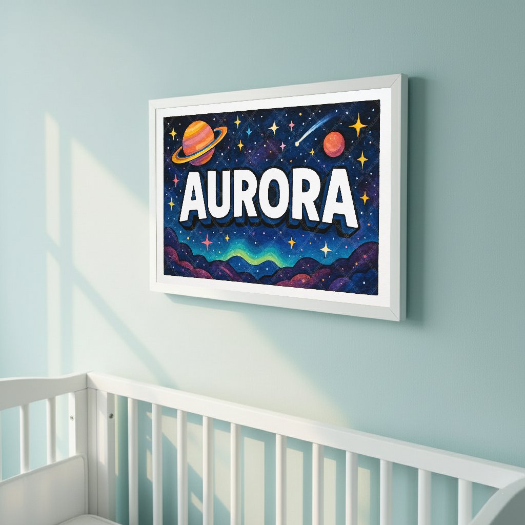 Personalized space nursery art for kids – Aurora name print
