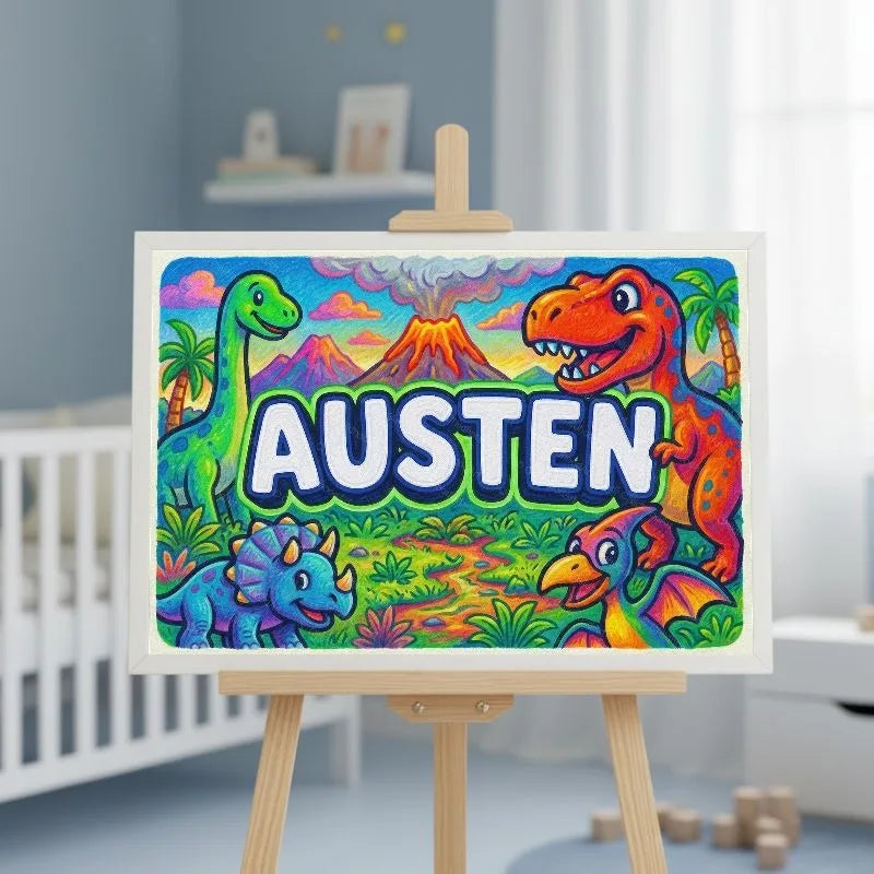 Austen Name Art - Dinosaur Adventure personalized wall print for kids