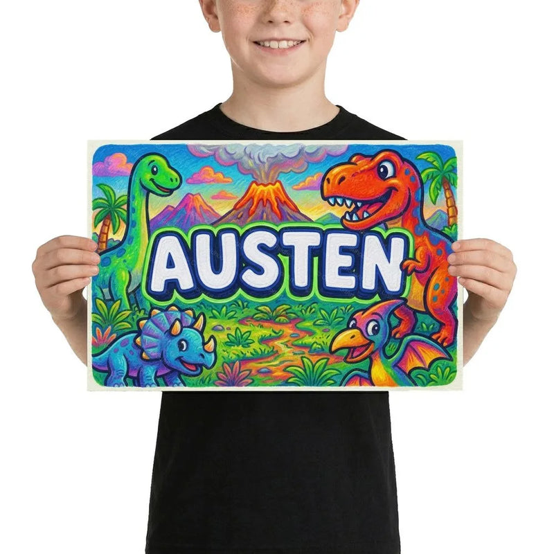 Austen Name Art - Dinosaur Adventure personalized wall print for kids