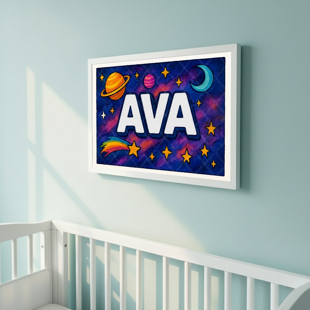 Personalized space nursery art for kids – Ava name print