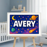 Adventurous personalized space name art for Avery