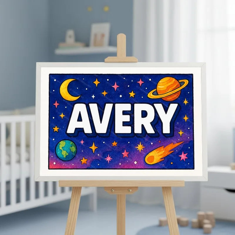 Adventurous personalized space name art for Avery