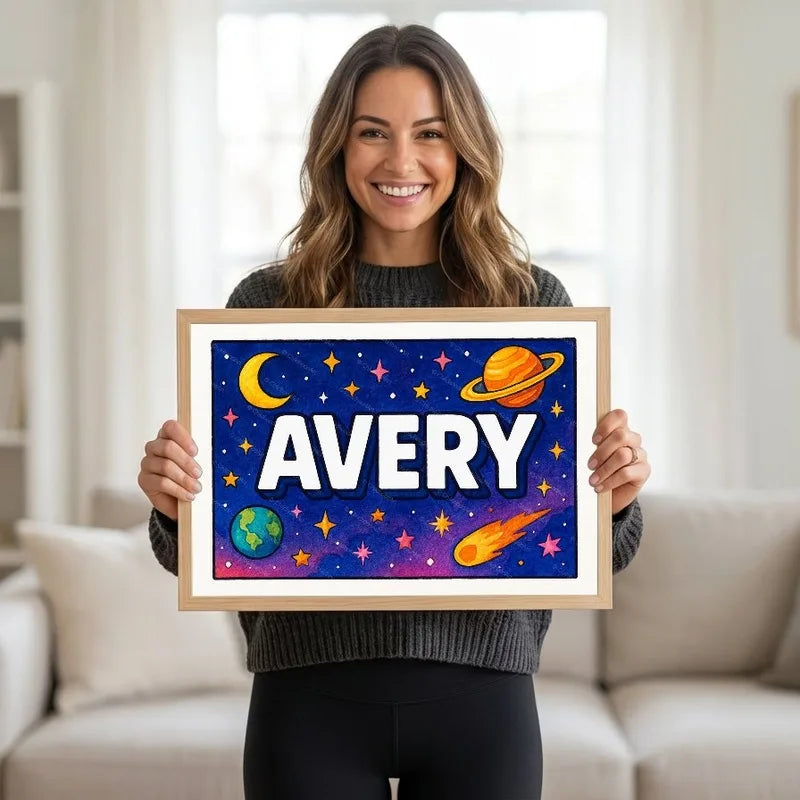 Adventurous personalized space name art for Avery
