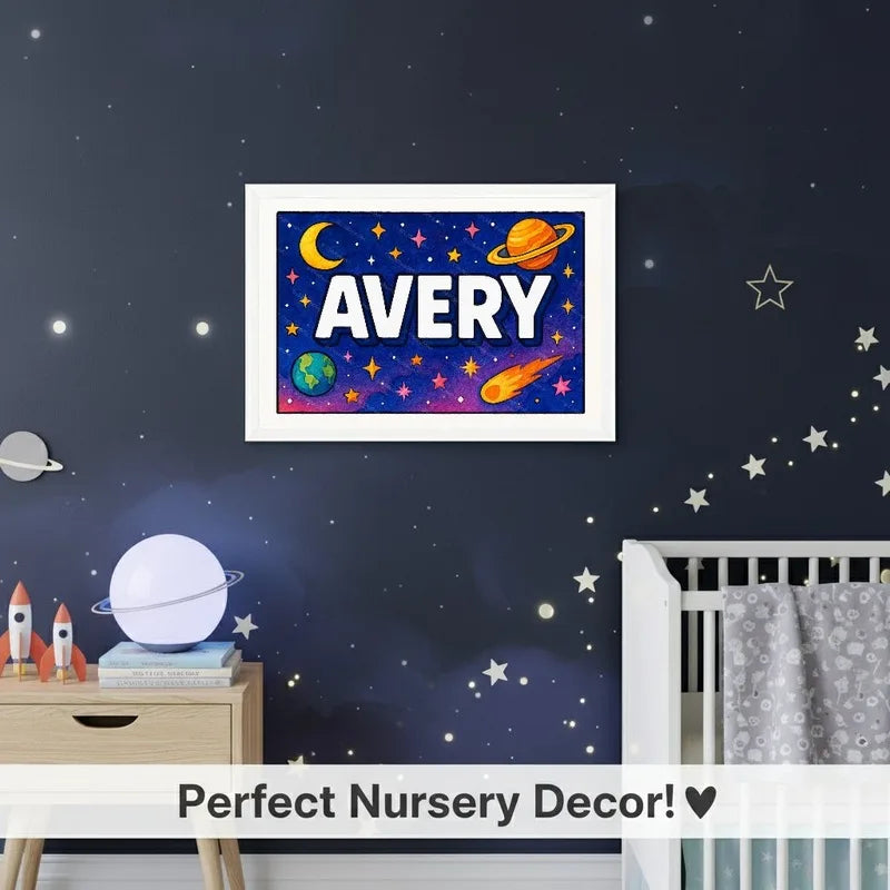 Adventurous personalized space name art for Avery