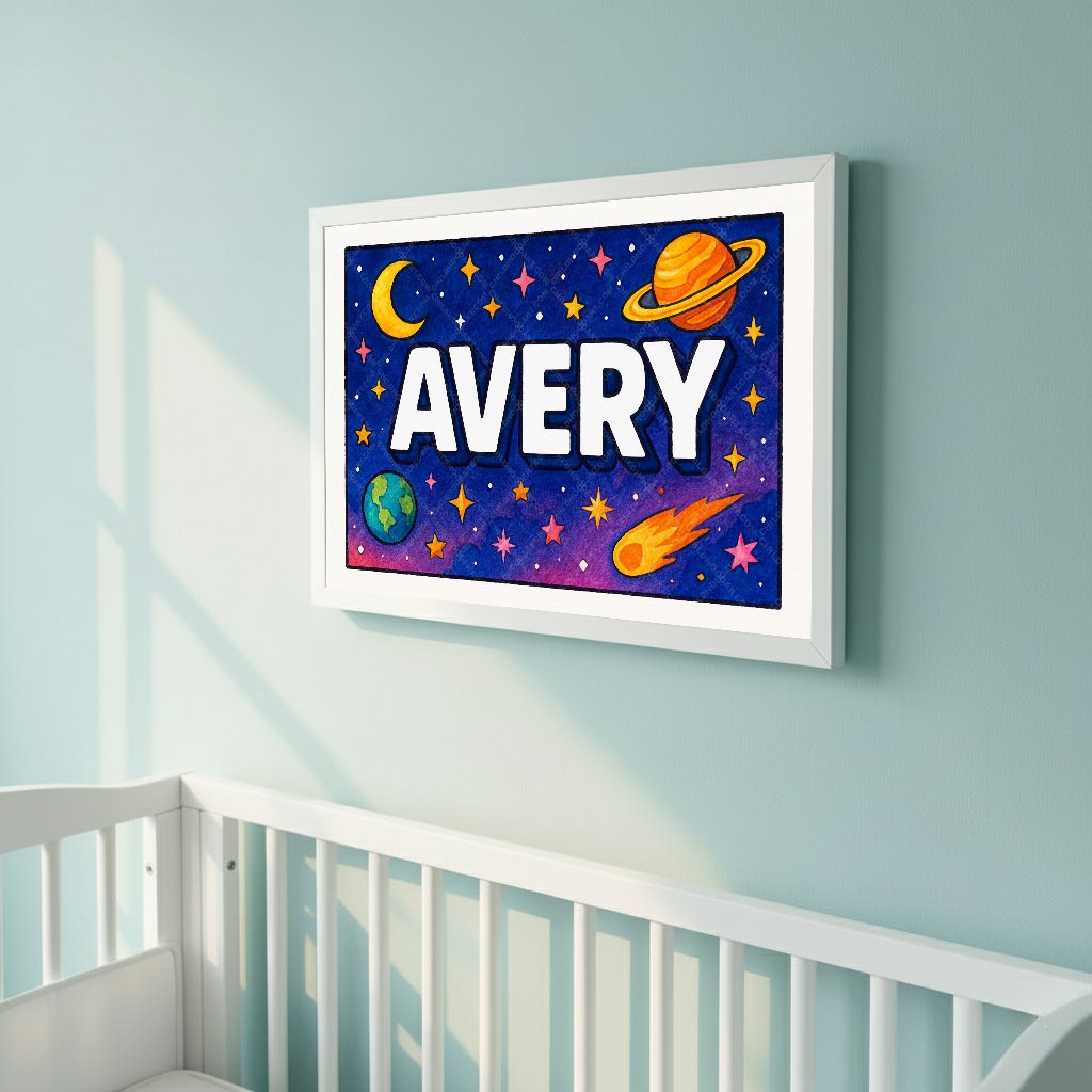 Personalized space nursery art for kids – Avery name print