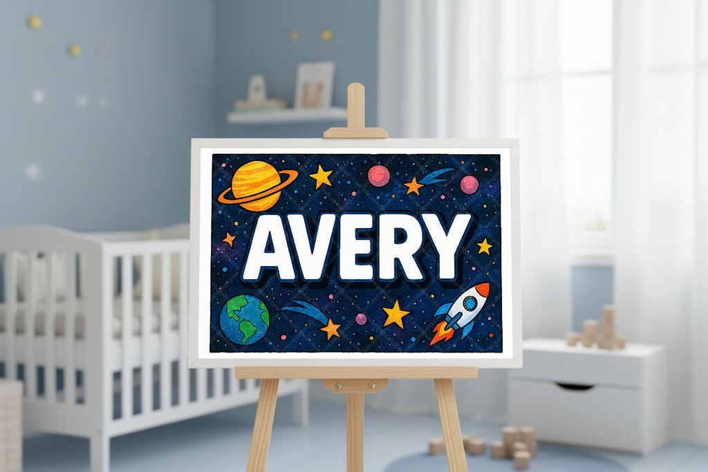 Personalized space nursery art for kids – Avery name print