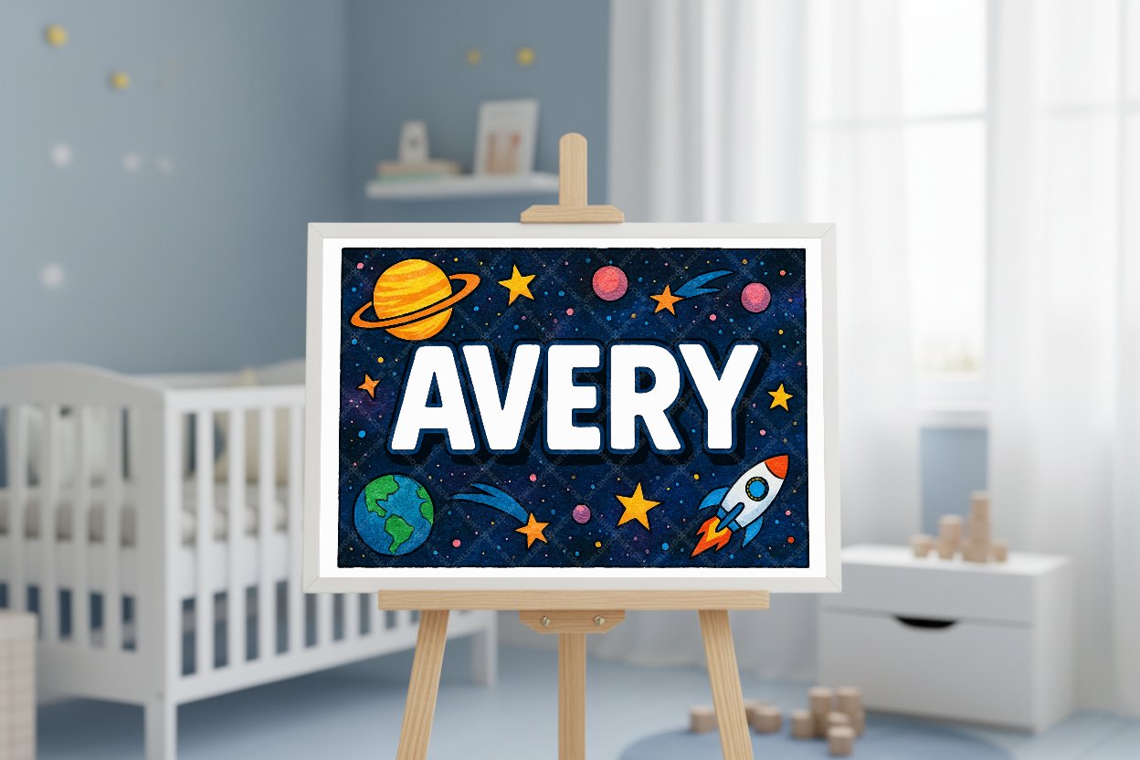 Personalized space nursery art for kids – Avery name print