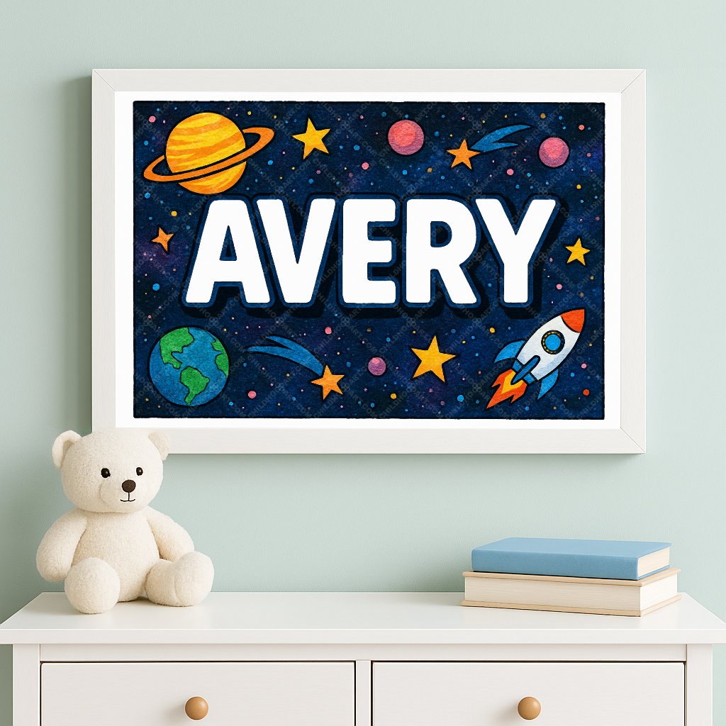 Personalized space nursery art for kids – Avery name print