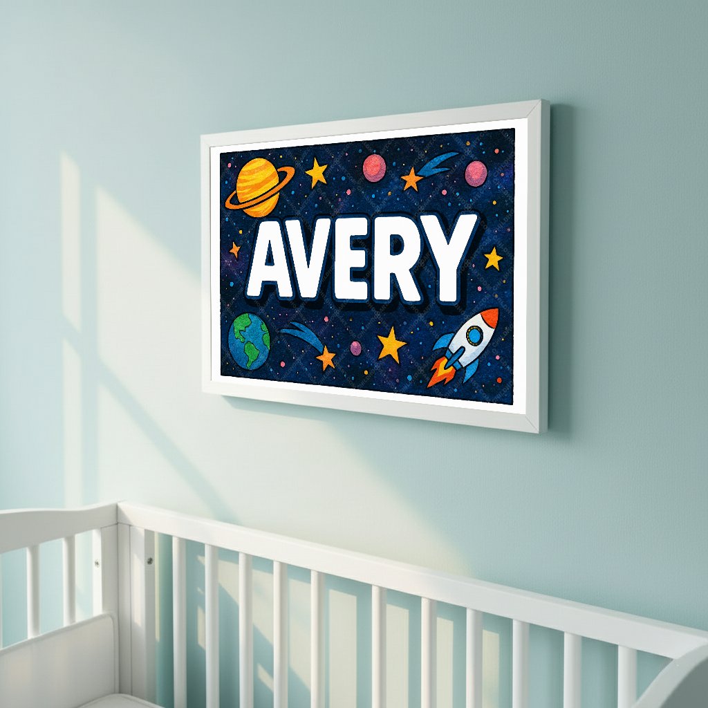 Personalized space nursery art for kids – Avery name print