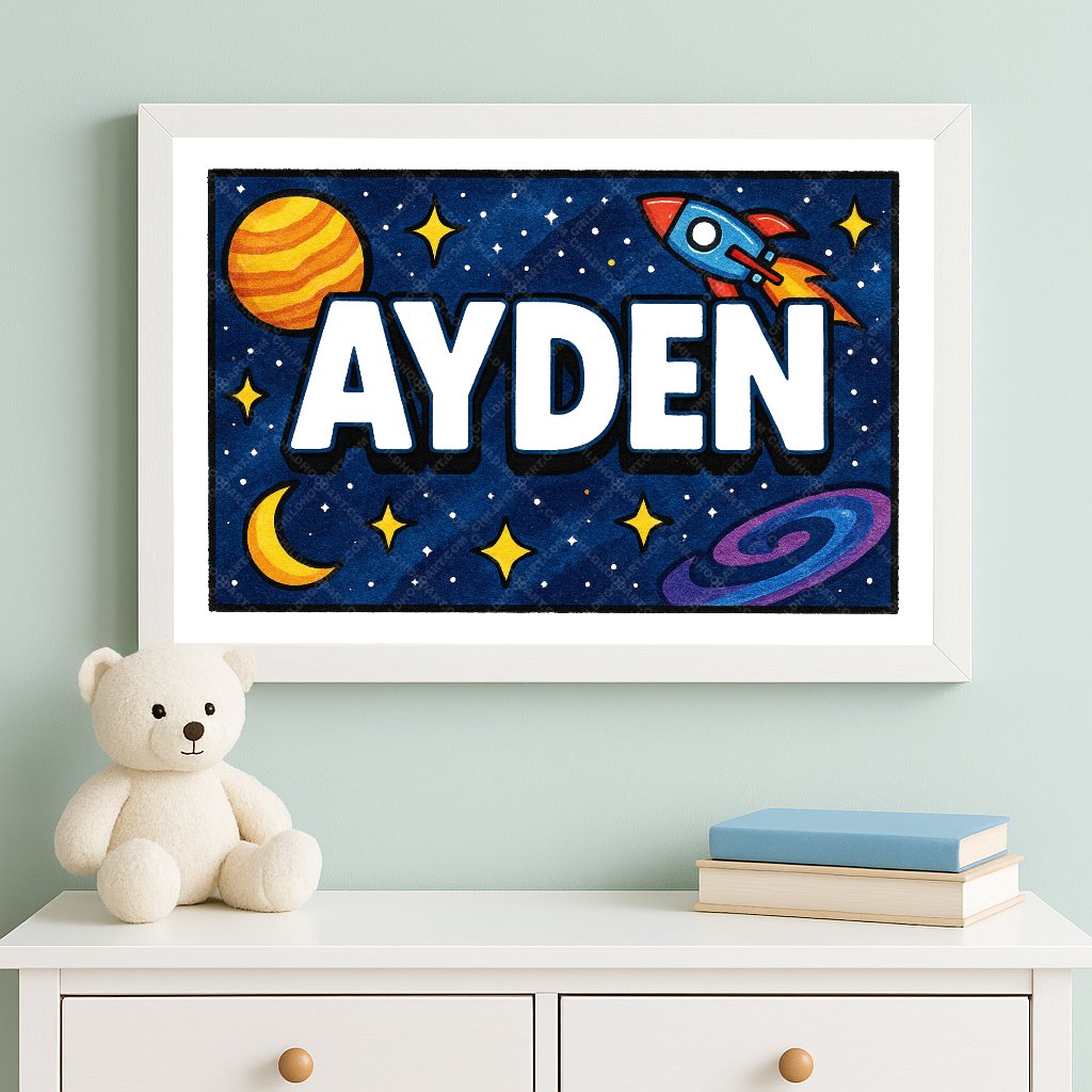Personalized space nursery art for kids – Ayden name print