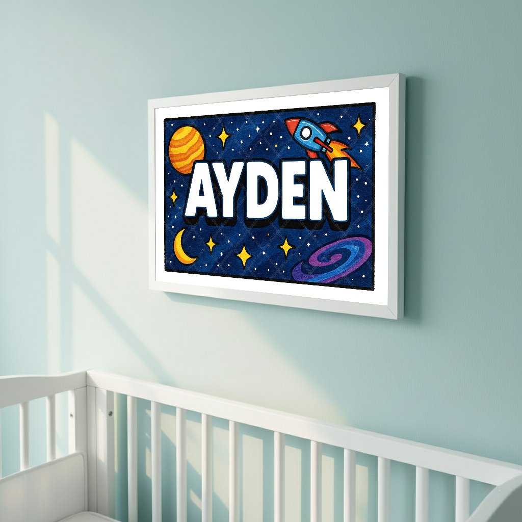Personalized space nursery art for kids – Ayden name print