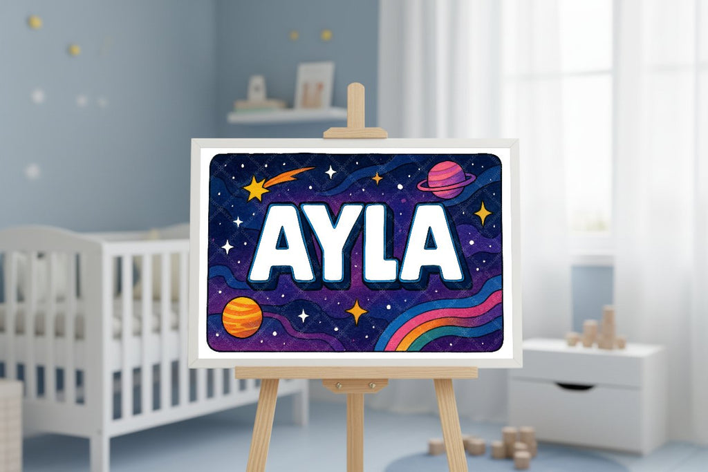 Personalized space nursery art for kids – Ayla name print