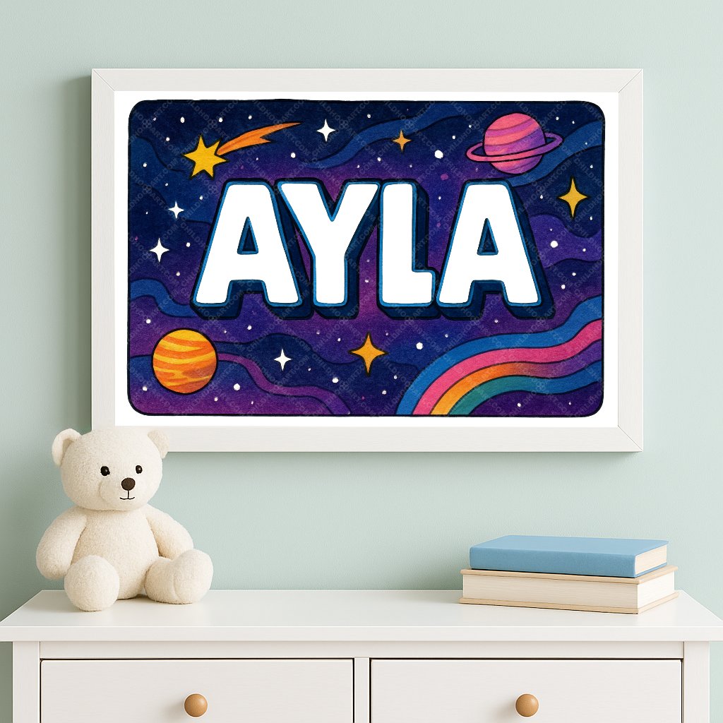 Personalized space nursery art for kids – Ayla name print