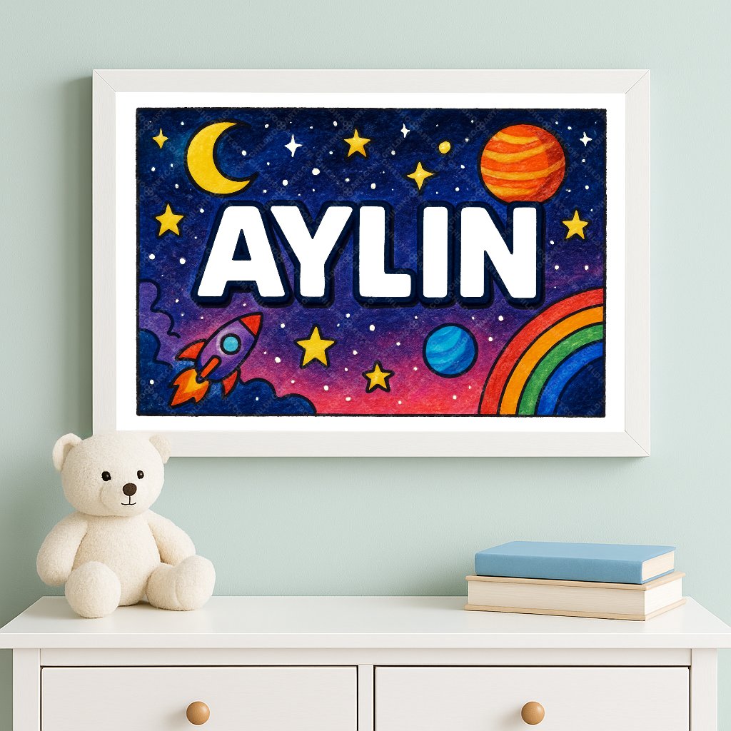 Personalized space nursery art for kids – Aylin name print