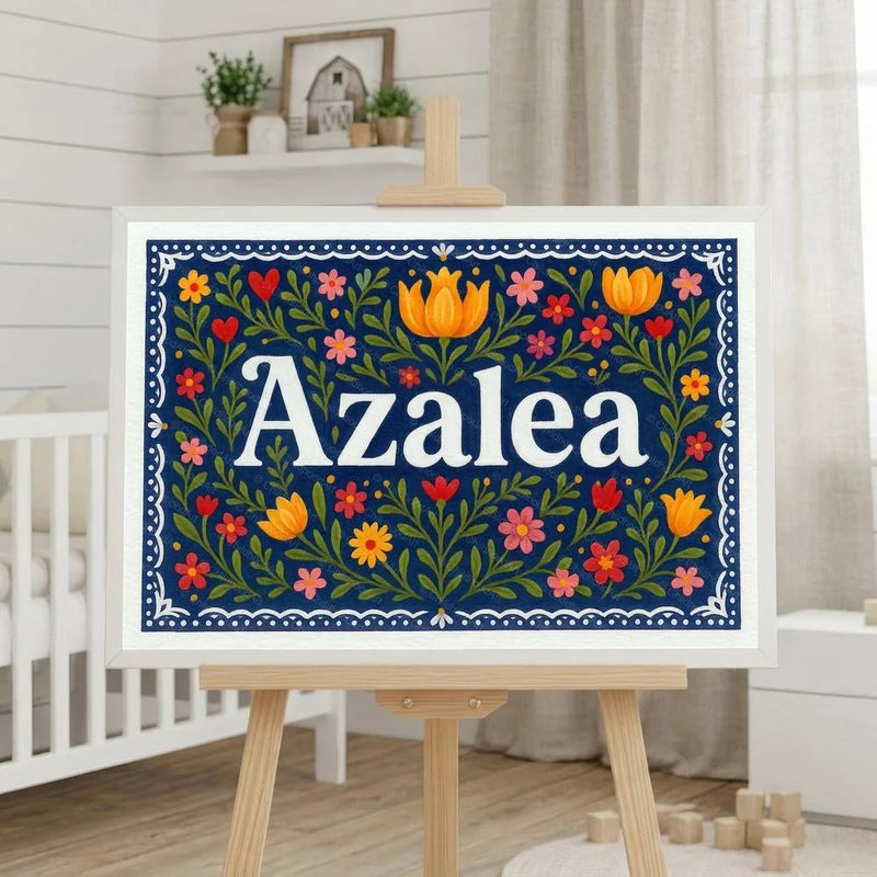 Azalea Name Art - Floral Farmhouse personalized wall print for kids