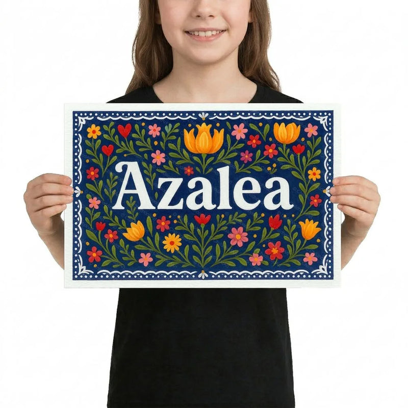 Azalea Name Art - Floral Farmhouse personalized wall print for kids