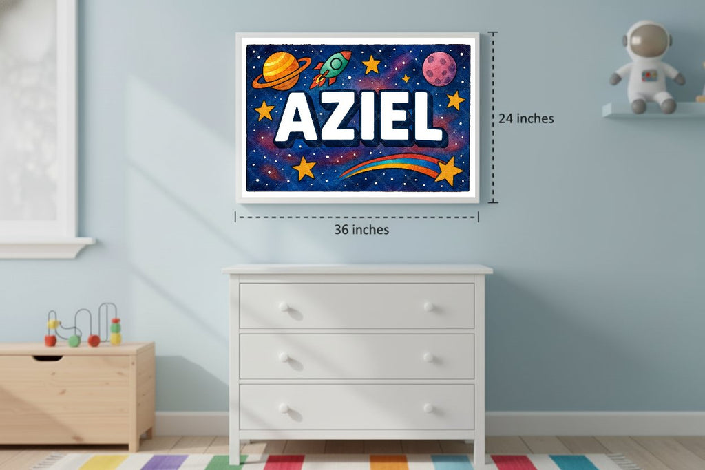 Personalized space nursery art for kids – Aziel name print