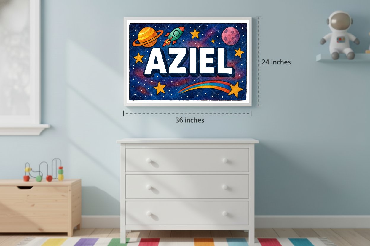 Personalized space nursery art for kids – Aziel name print