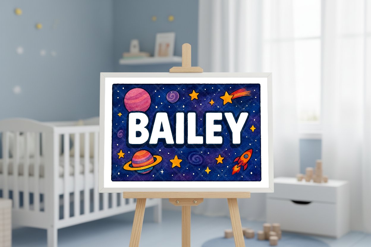 Personalized space nursery art for kids – Bailey name print