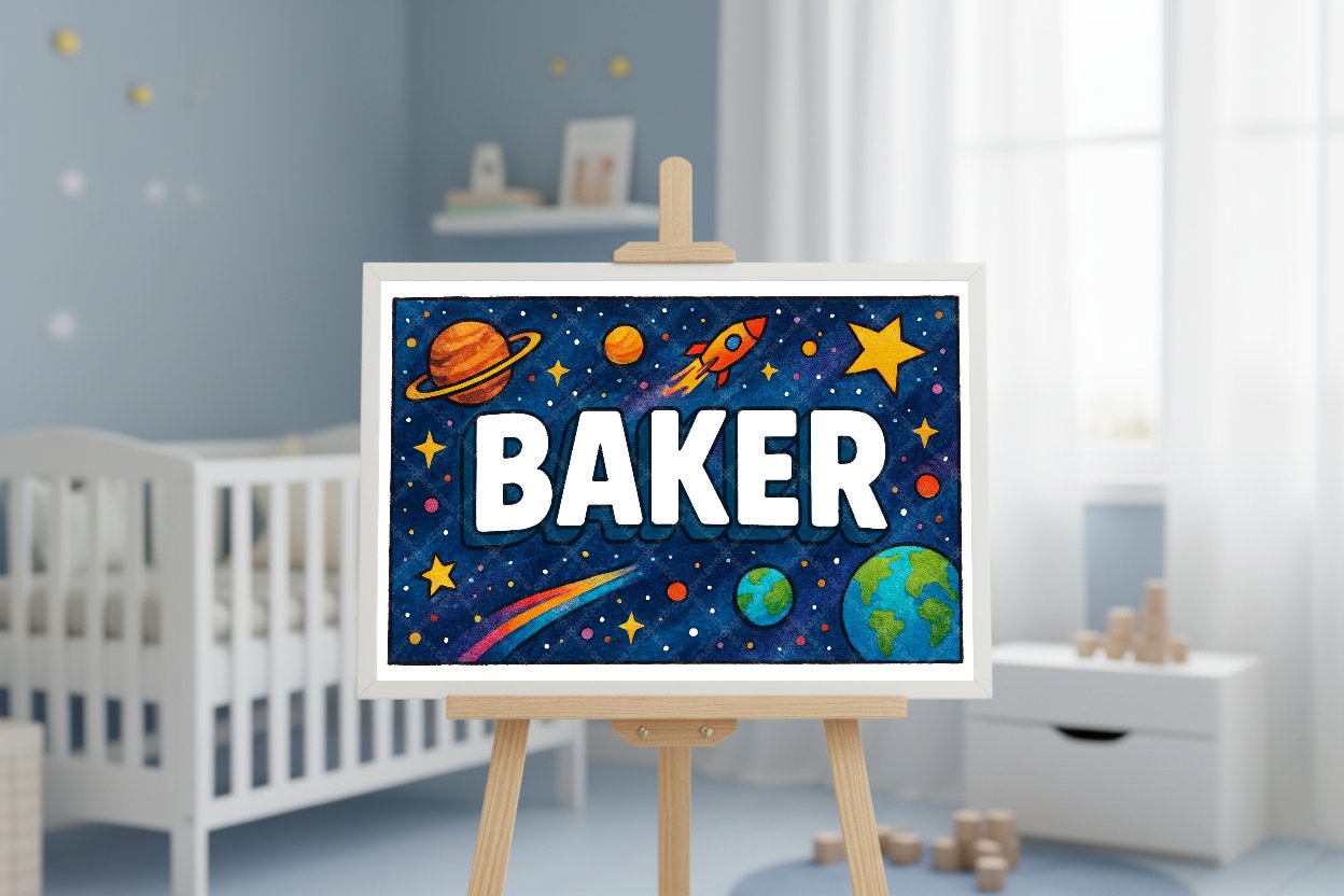 Personalized space nursery art for kids – Baker name print