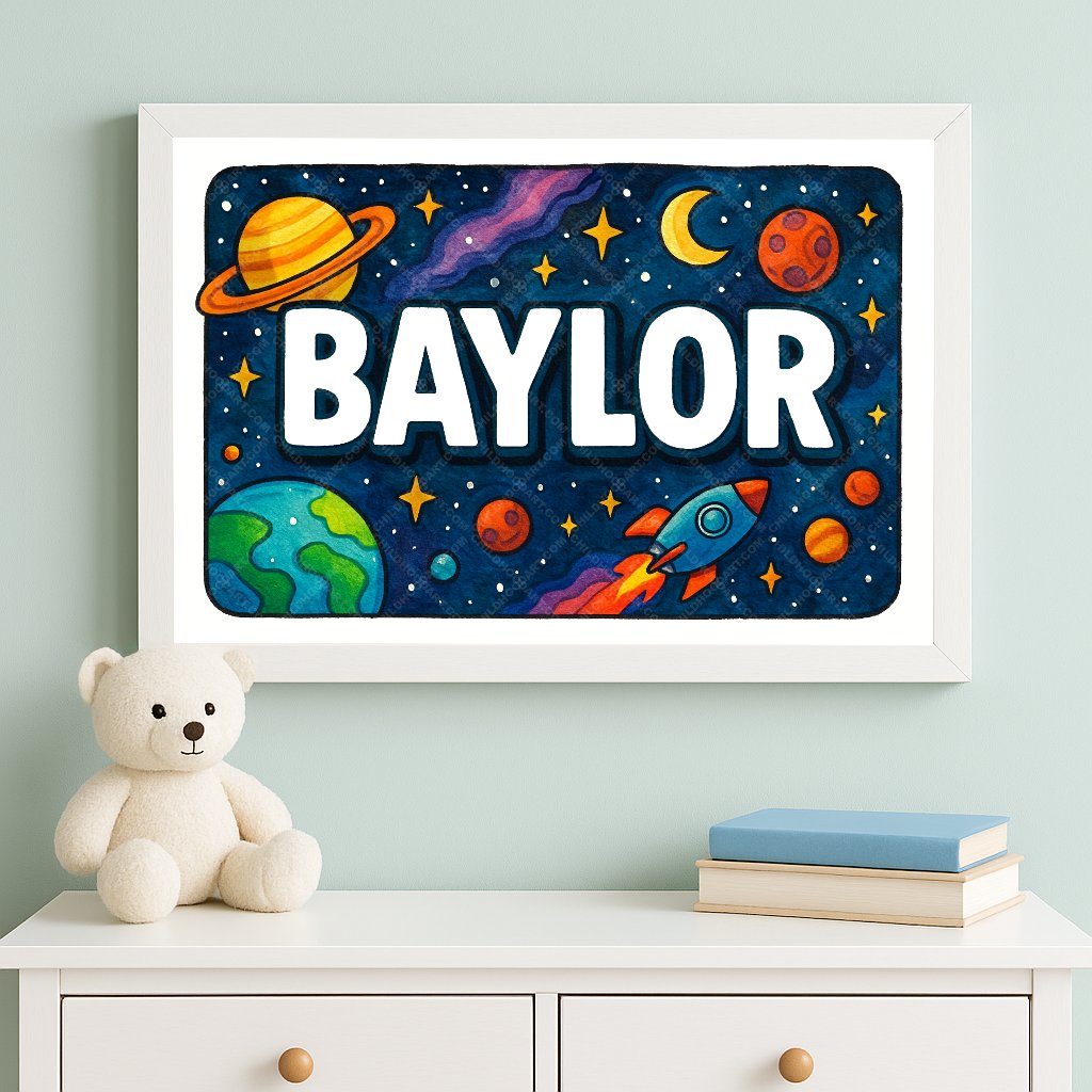 Personalized space nursery art for kids – Baylor name print