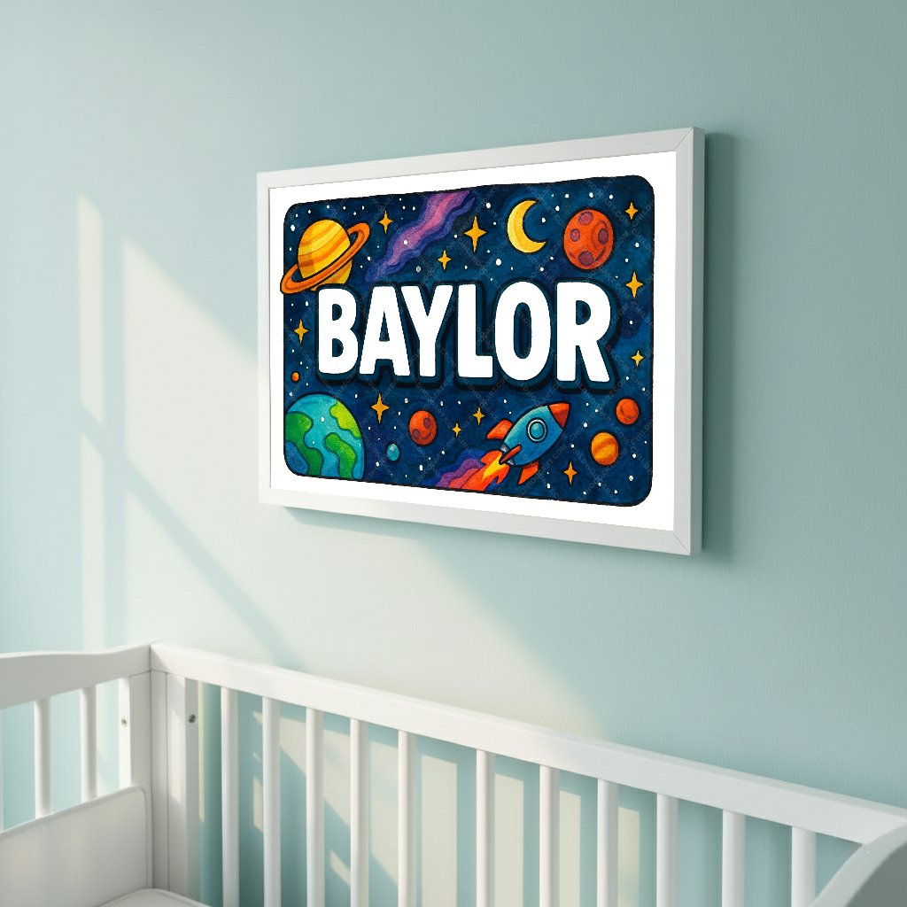 Personalized space nursery art for kids – Baylor name print