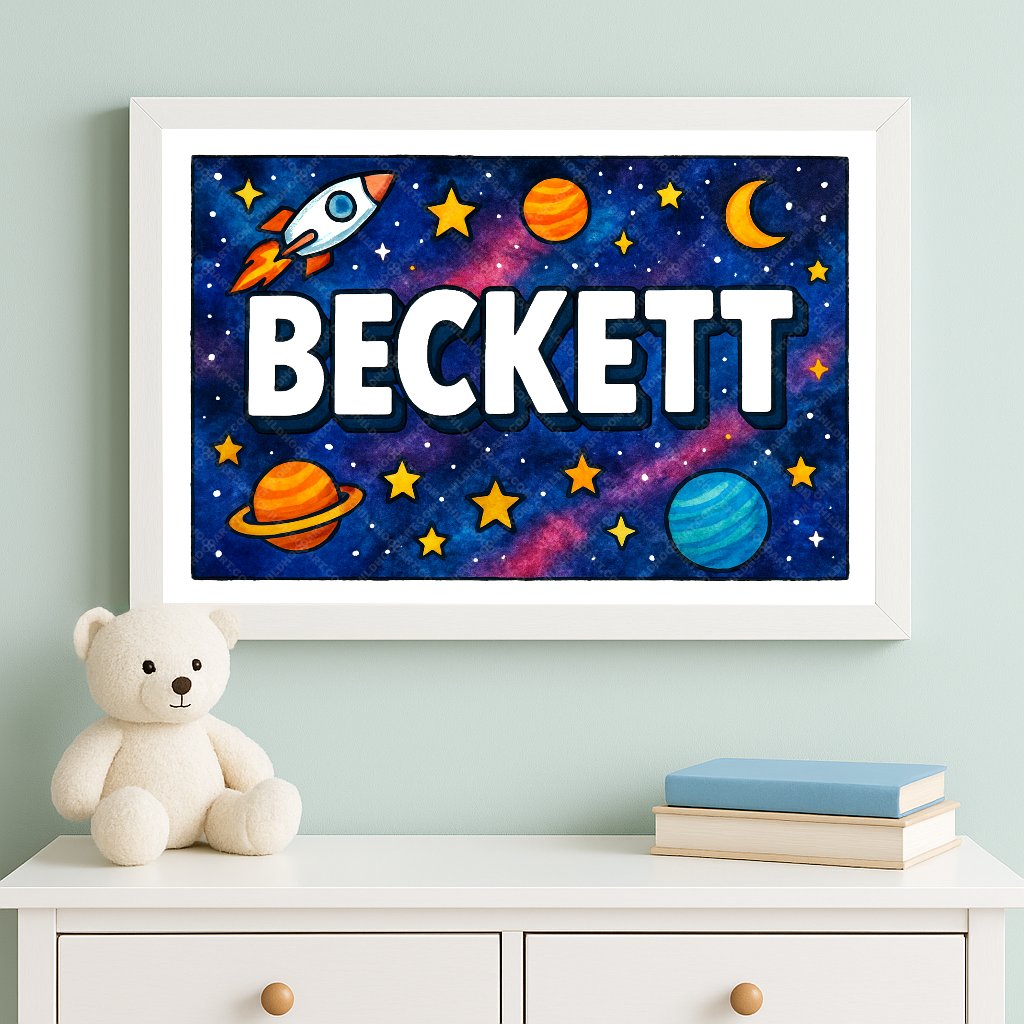 Personalized space nursery art for kids – Beckett name print