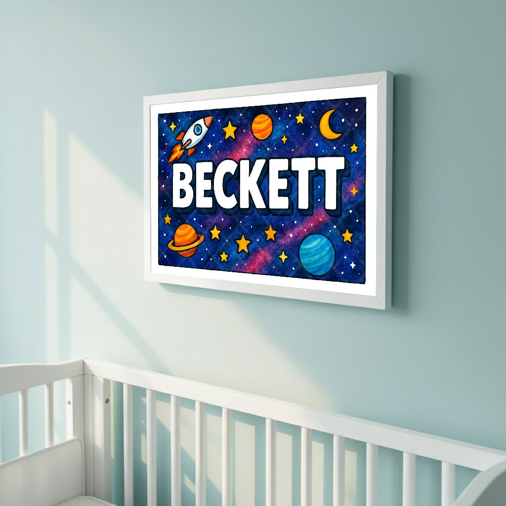 Personalized space nursery art for kids – Beckett name print