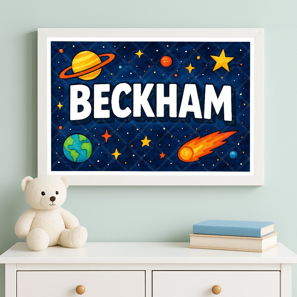 Personalized space nursery art for kids – Beckham name print