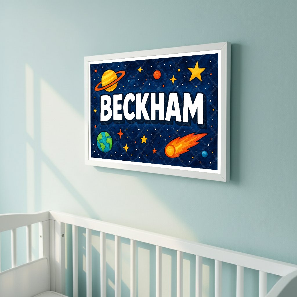 Personalized space nursery art for kids – Beckham name print