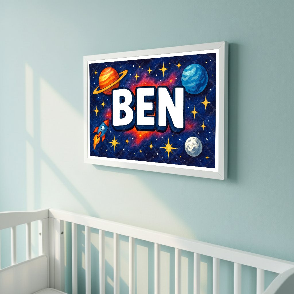 Personalized space nursery art for kids – Ben name print