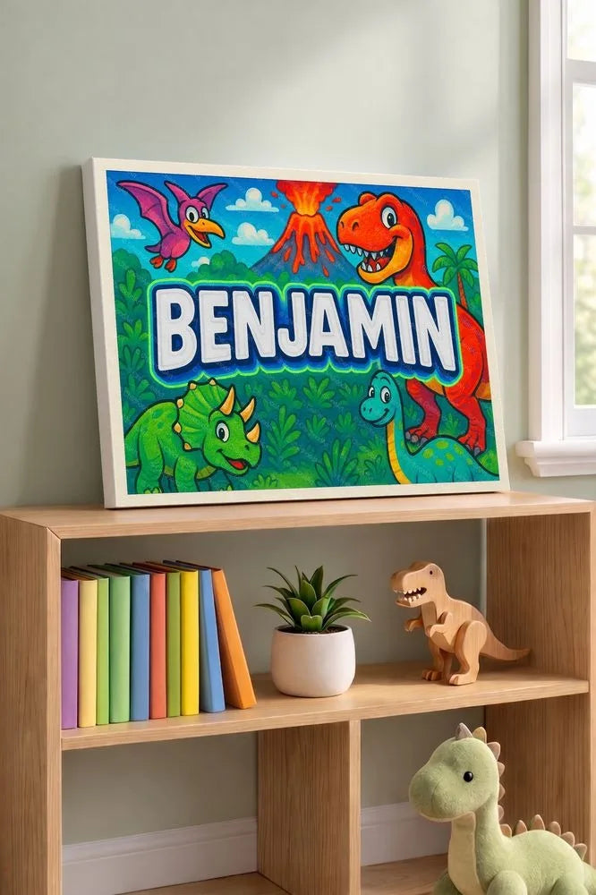 Benjamin Name Art - Dinosaur Adventure personalized wall print for kids