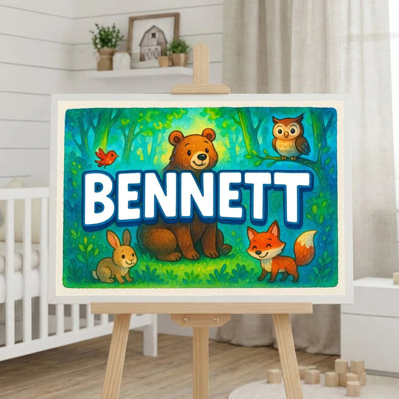 Bennett Name Art - Forest Friends personalized wall print for kids