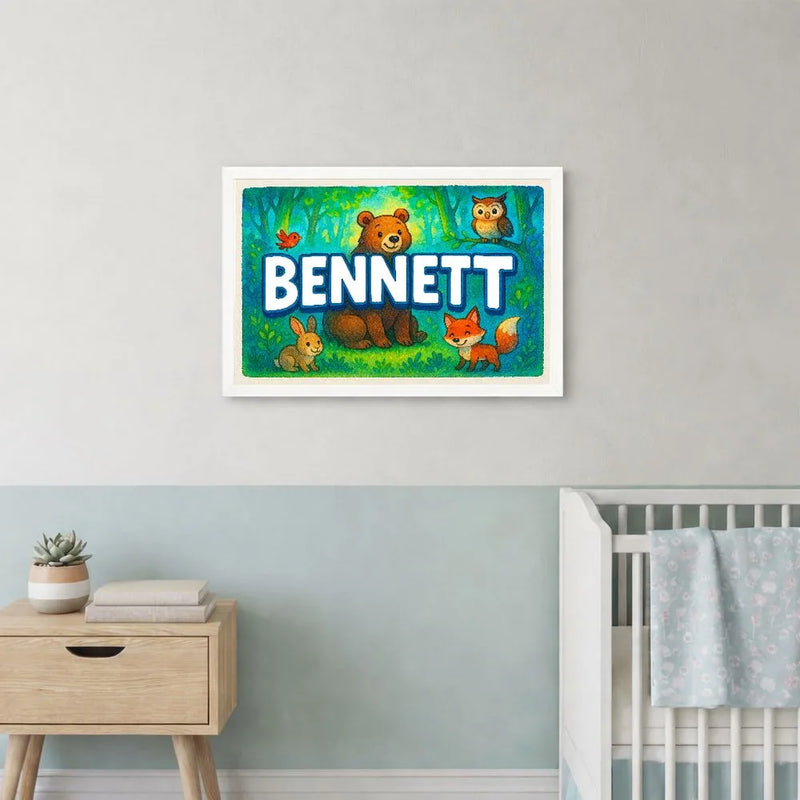 Bennett Name Art - Forest Friends personalized wall print for kids