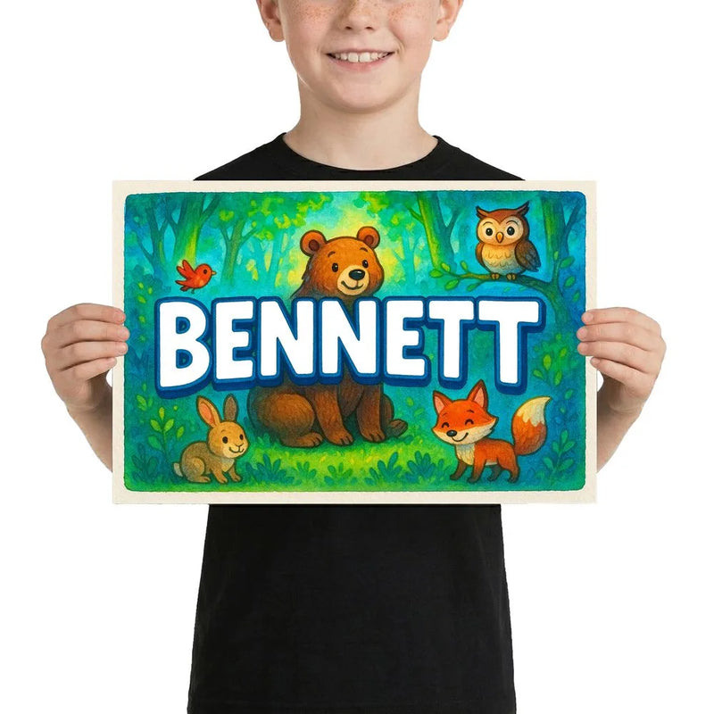 Bennett Name Art - Forest Friends personalized wall print for kids