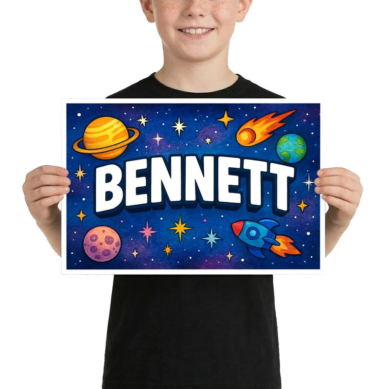 Bennett Name Art - Space Explorers personalized wall print for kids