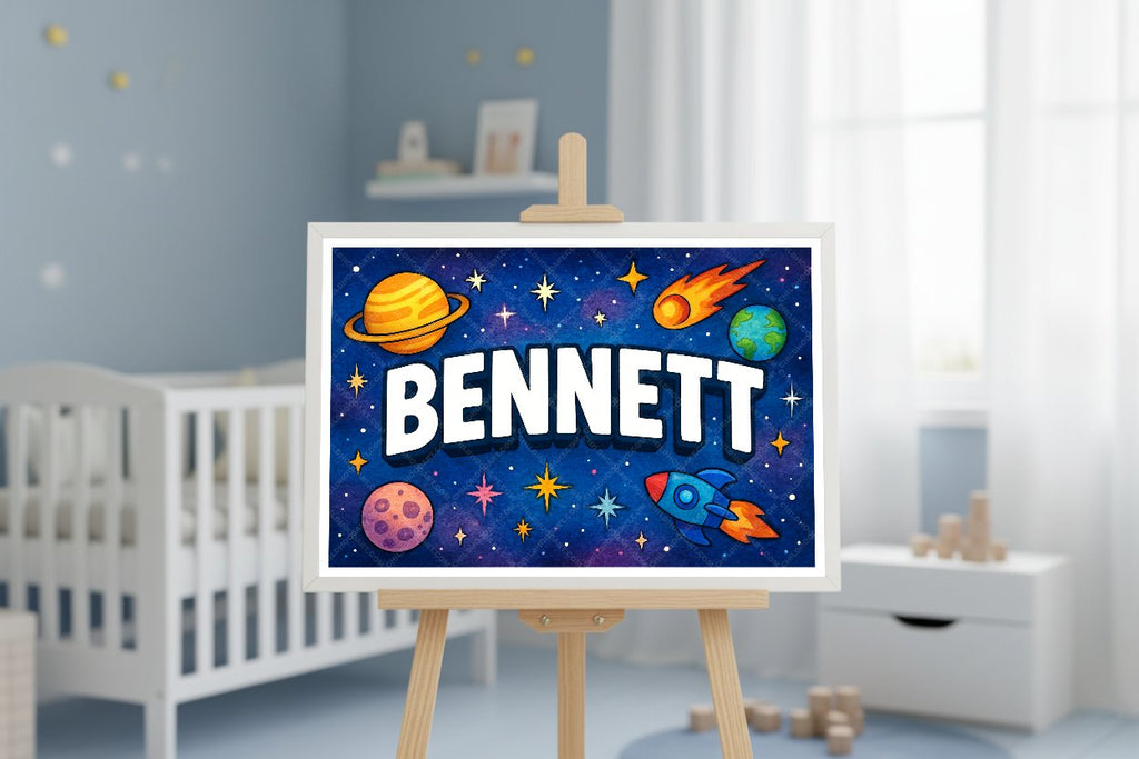 Personalized space nursery art for kids – Bennett name print