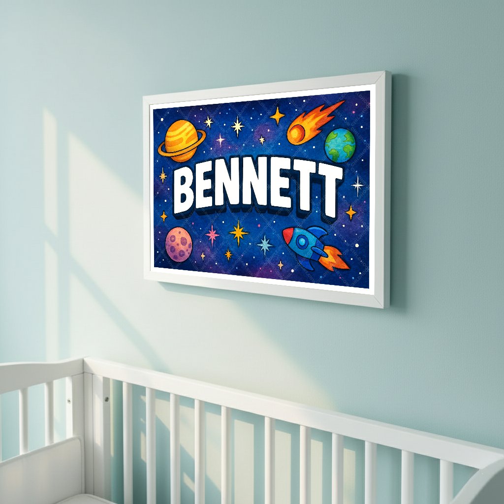 Personalized space nursery art for kids – Bennett name print