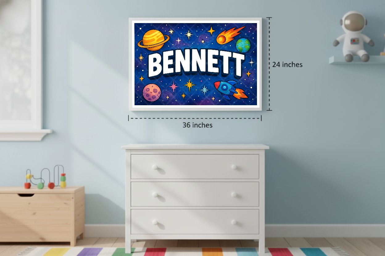 Personalized space nursery art for kids – Bennett name print