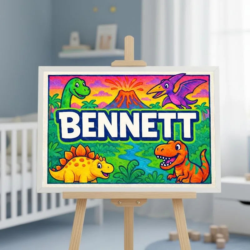 Bennett Name Art - Dinosaur Adventure personalized wall print for kids