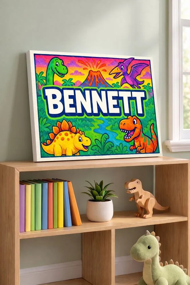 Bennett Name Art - Dinosaur Adventure personalized wall print for kids