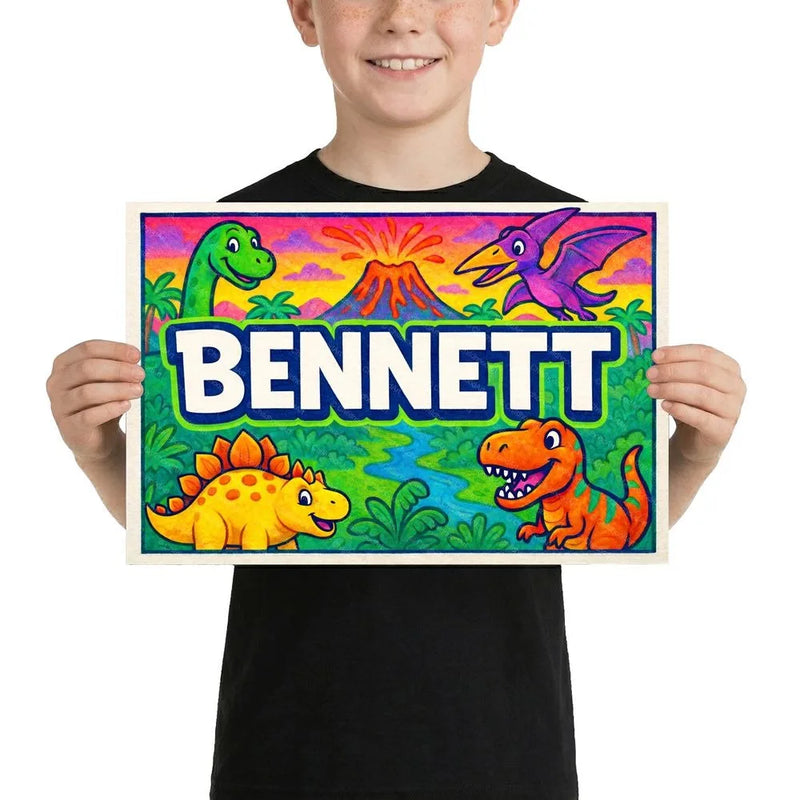 Bennett Name Art - Dinosaur Adventure personalized wall print for kids