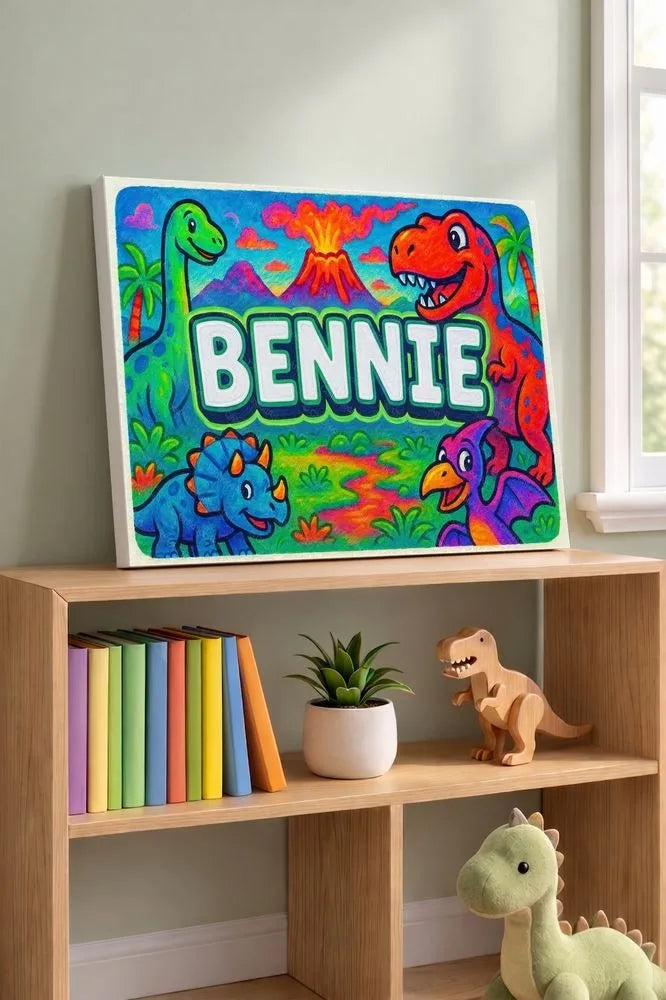 Bennie Name Art - Dinosaur Adventure personalized wall print for kids