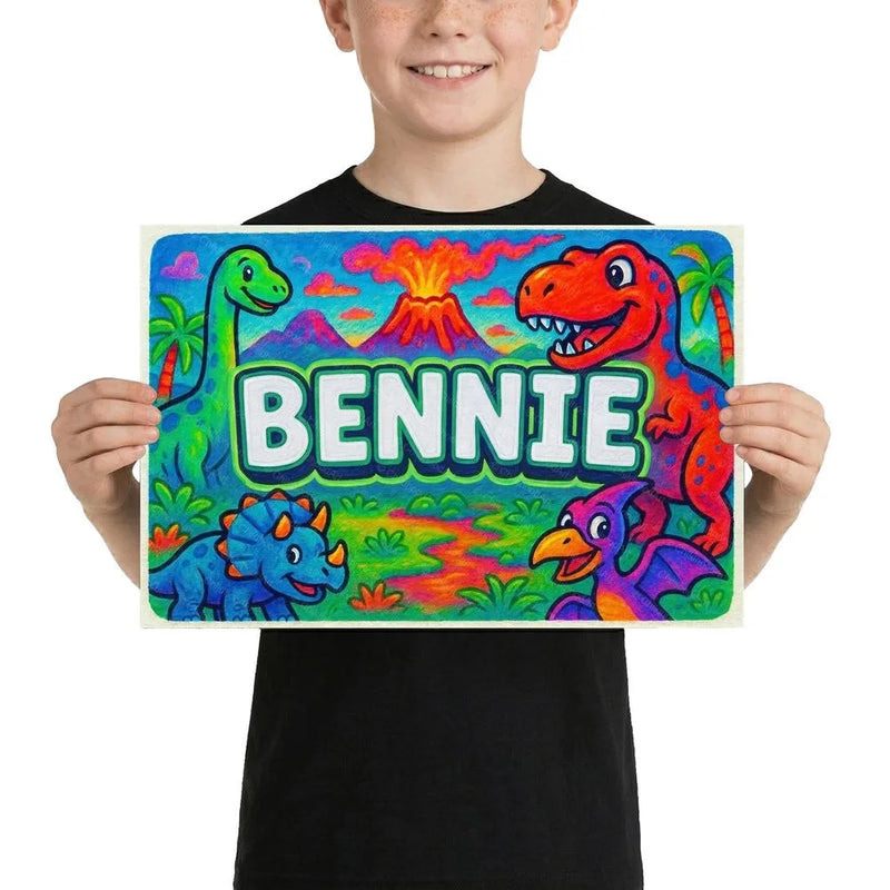 Bennie Name Art - Dinosaur Adventure personalized wall print for kids