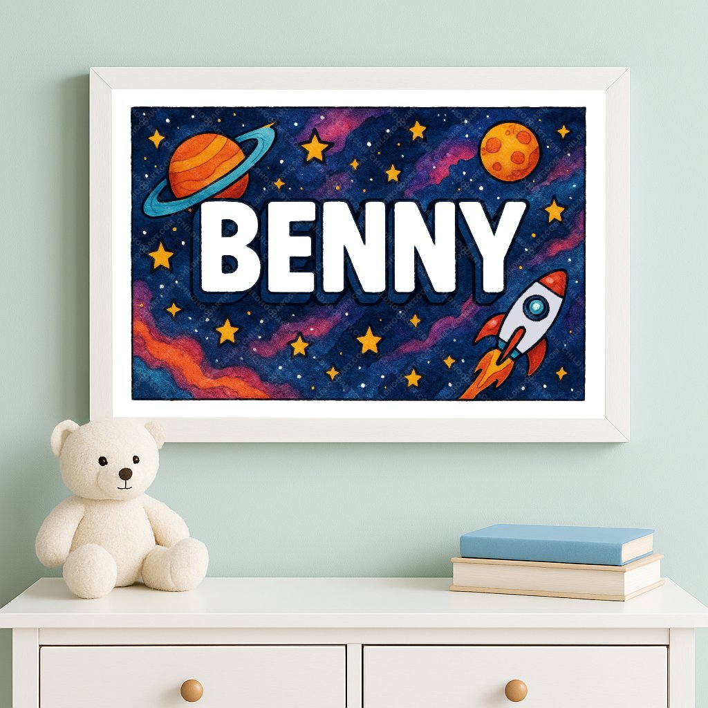 Personalized space nursery art for kids – Benny name print