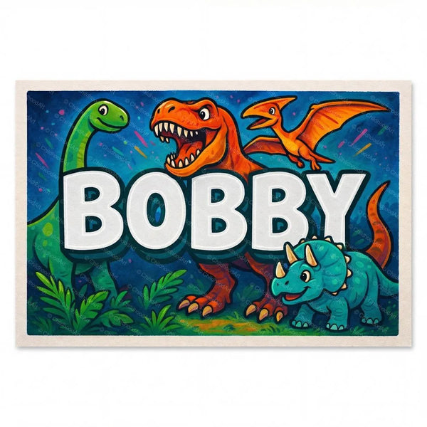 Personalized Bobby name art print in the Dinosaur adventure style