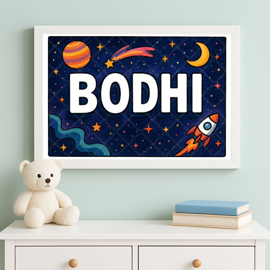 Personalized space nursery art for kids – Bodhi name print
